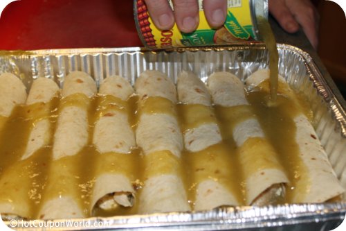 Freezer Meal - Creamy Chicken Enchiladas - Cover with sauce