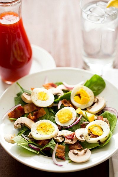 Warm Spinach Salad with Bacon, Mushrooms & Hard-Boiled Eggs - Brown Eyed Baker
