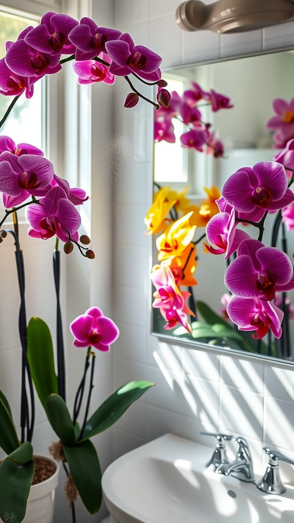 Vibrant pink Phalaenopsis orchids in a bright bathroom setting