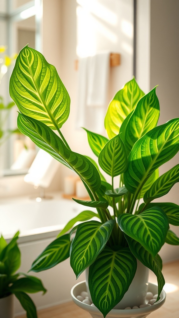 Prayer Plant in a bright bathroom setting, showcasing its vibrant green leaves with intricate patterns.