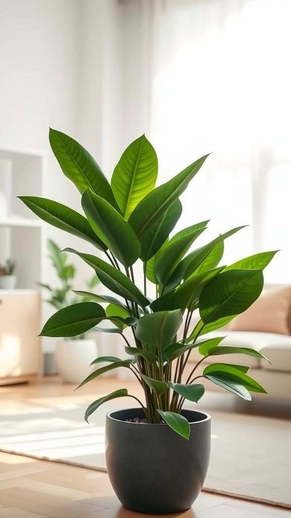 A Rubber Plant in a stylish pot, showcasing its large, glossy leaves in a bright indoor setting.
