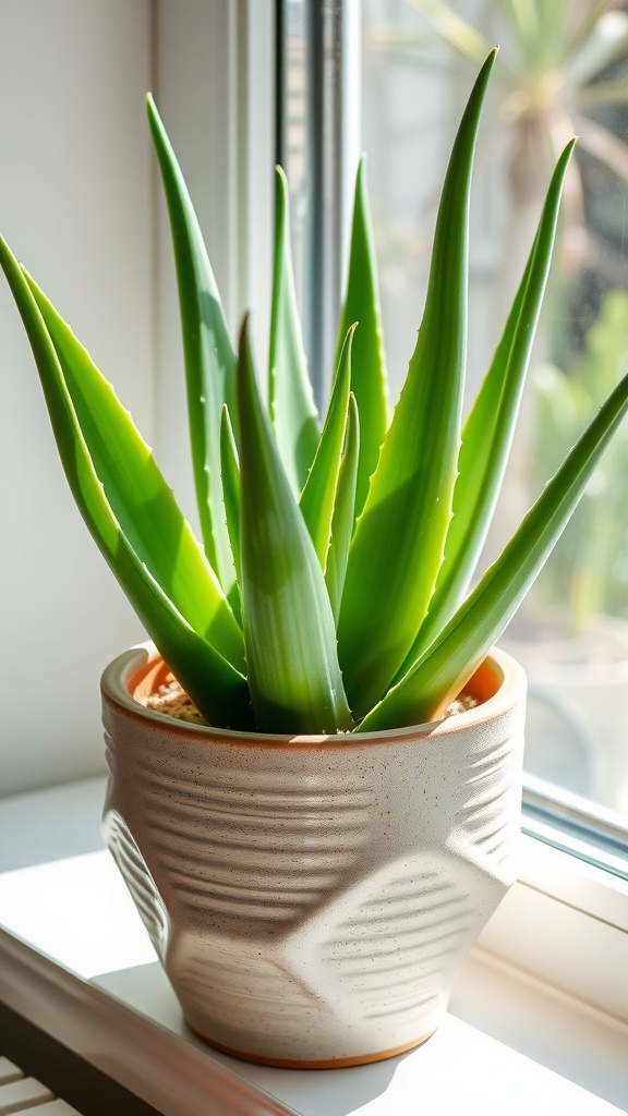 Aloe Vera plant in a decorative pot sitting on a windowsill, with bright green leaves
