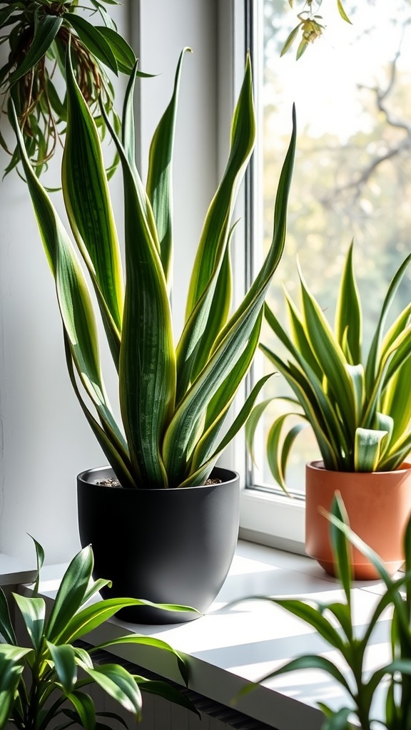 A Snake Plant in a black pot placed on a windowsill, with sunlight highlighting its tall, green and yellow striped leaves.