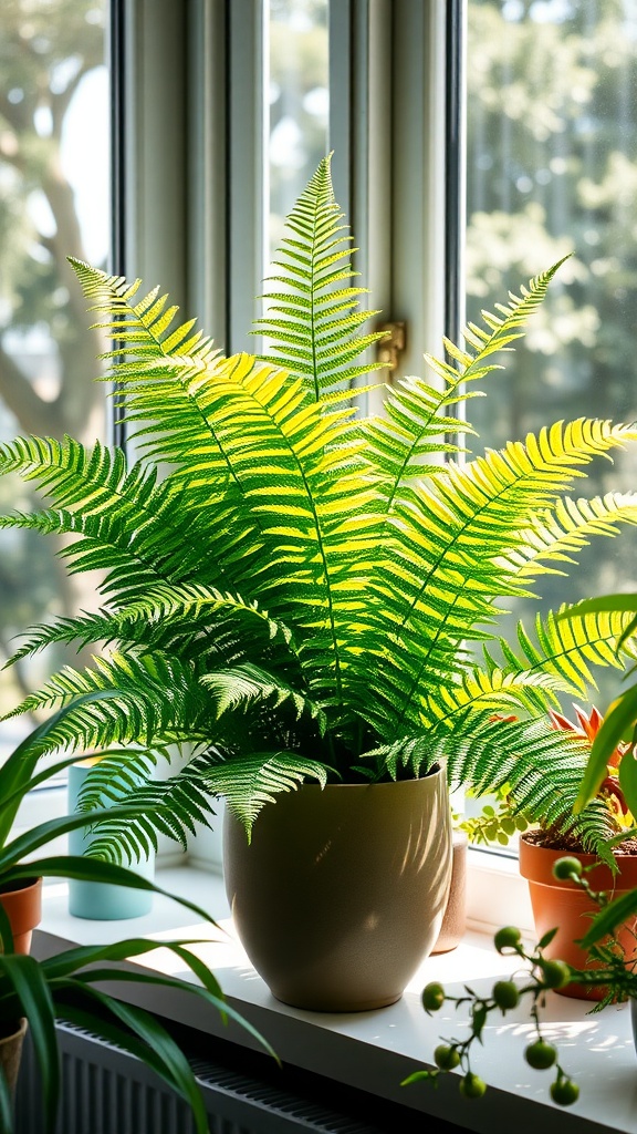A vibrant Boston Fern in a pot, displayed by a sunny window, showcasing its feathery green leaves.