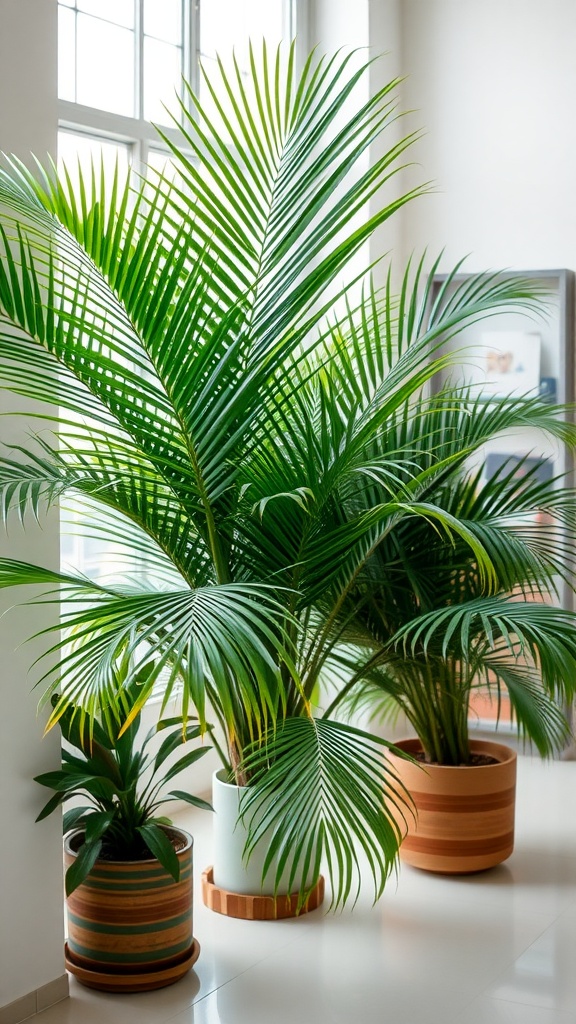 A group of Areca Palms in decorative pots near a window.