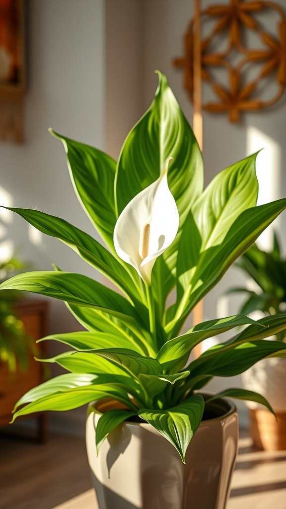 A vibrant Peace Lily plant with large green leaves and a single white bloom in a pot, set in a bright room with wooden decor.