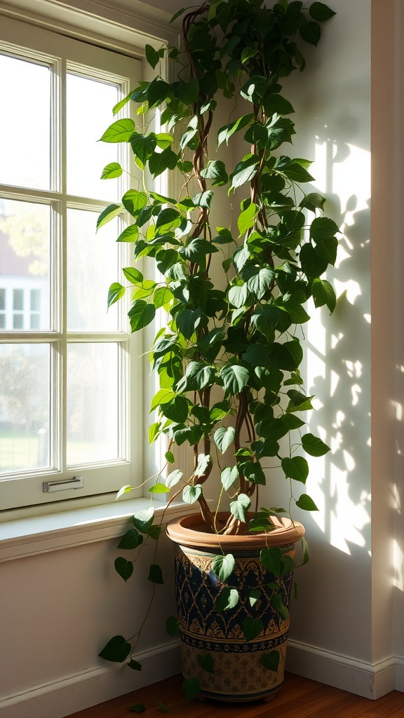 An English Ivy plant growing in a decorative pot by a sunlit window.
