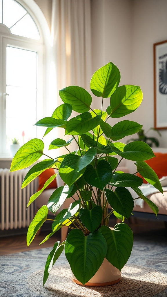 Lush heartleaf philodendron with green leaves in a bright room