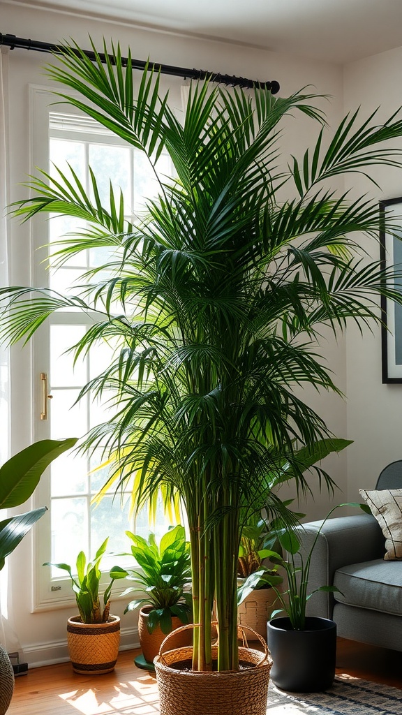 A Bamboo Palm (Chamaedorea Seifrizii) in a bright living room setting, showcasing its tall and lush green leaves.