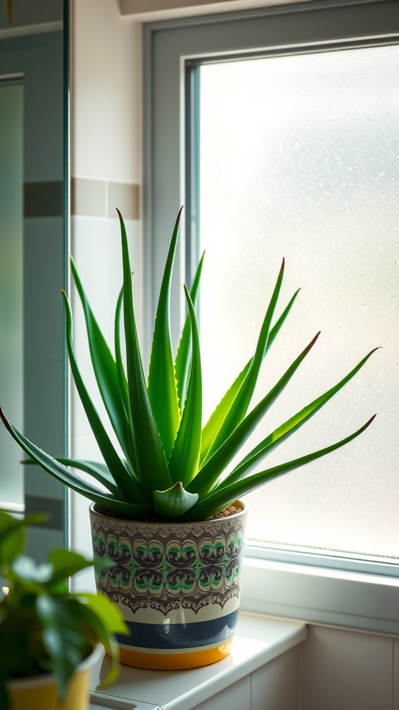 Aloe Vera plant in a decorative pot near a window in a bathroom