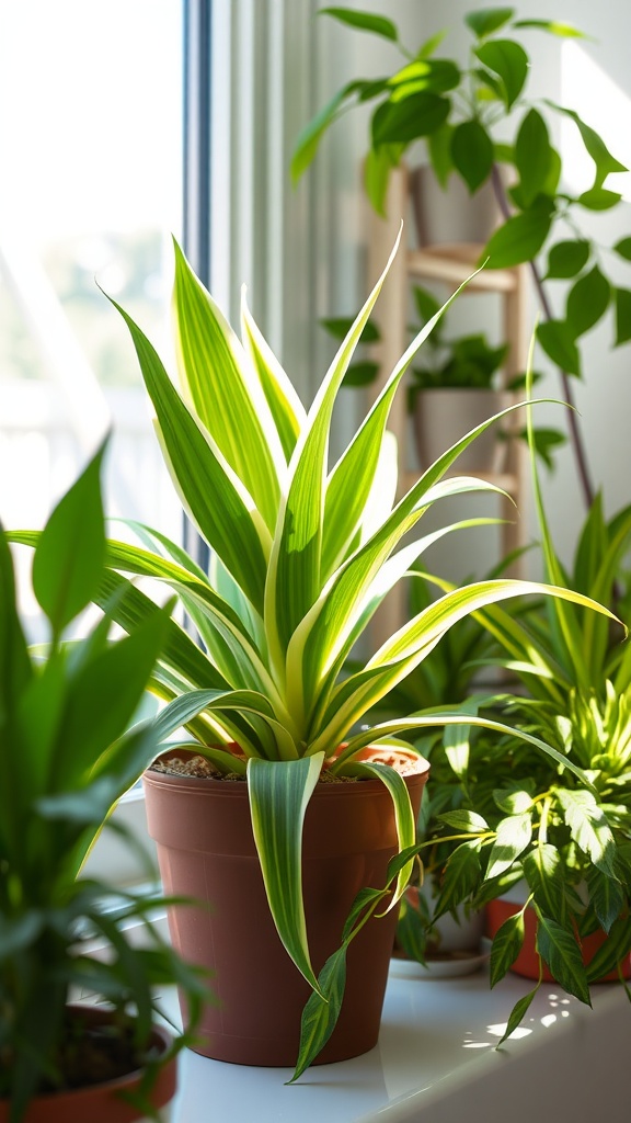 A vibrant Spider Plant with long, striped leaves in a pot, surrounded by other houseplants by the window.