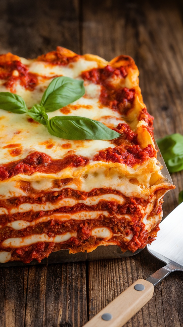 Classic Beef Lasagna with Ricotta Classic beef lasagna with ricotta, served on a rustic table, garnished with basil.