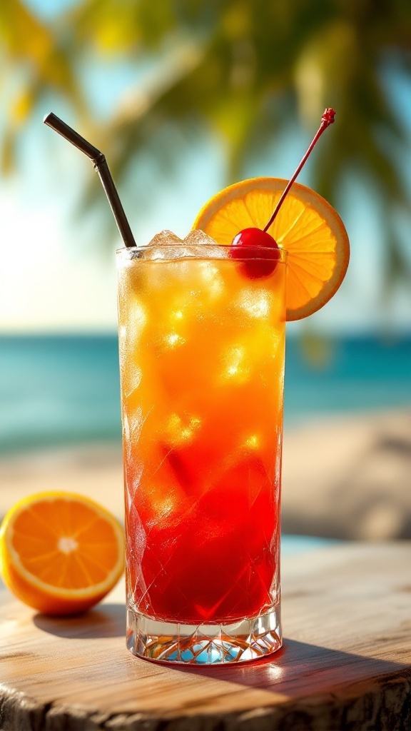 A refreshing Tequila Sunrise cocktail with vibrant orange and red colors, garnished with an orange slice and cherry.