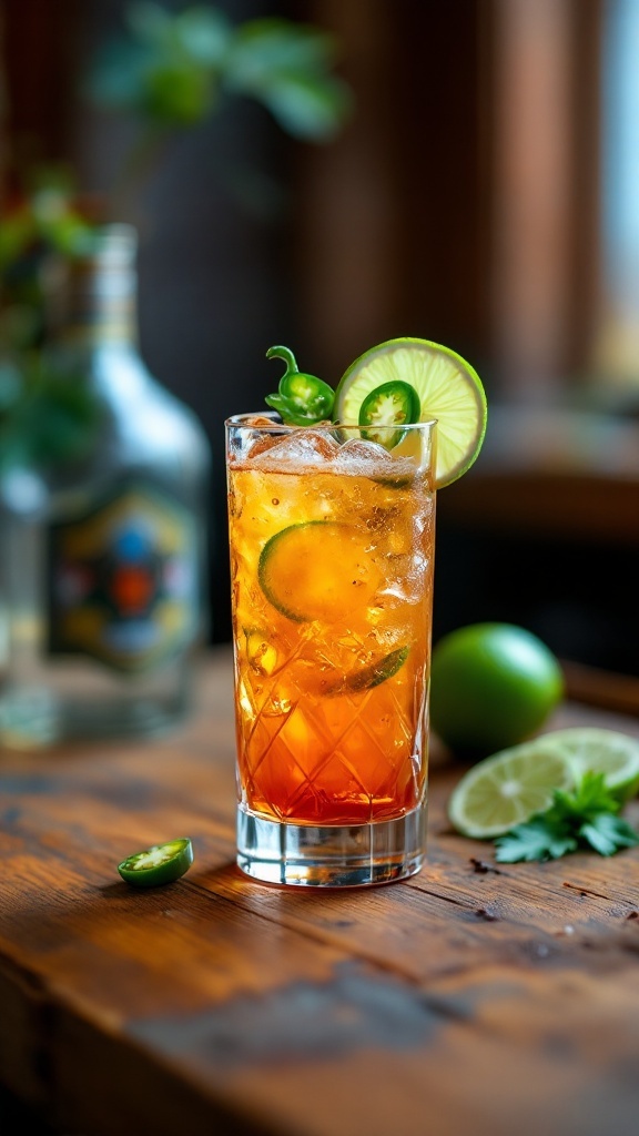 A refreshing Spicy Tequila Tonic cocktail garnished with lime and jalapeño slices