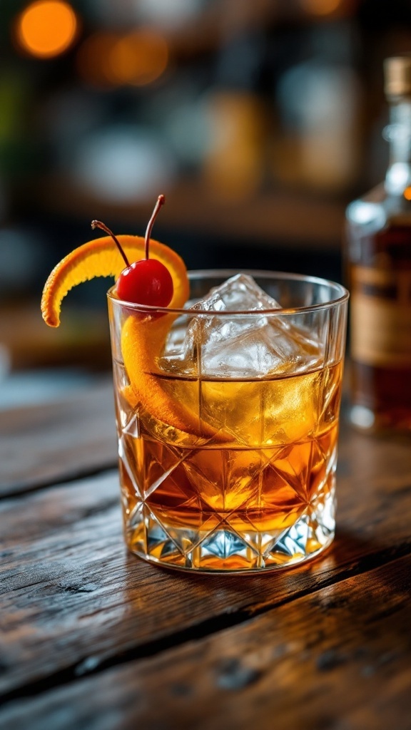 A Tequila Old Fashioned cocktail garnished with an orange peel and cherry.