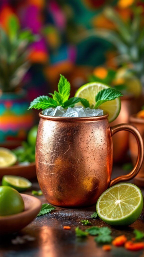 A refreshing Mexican Mule cocktail garnished with lime and mint.