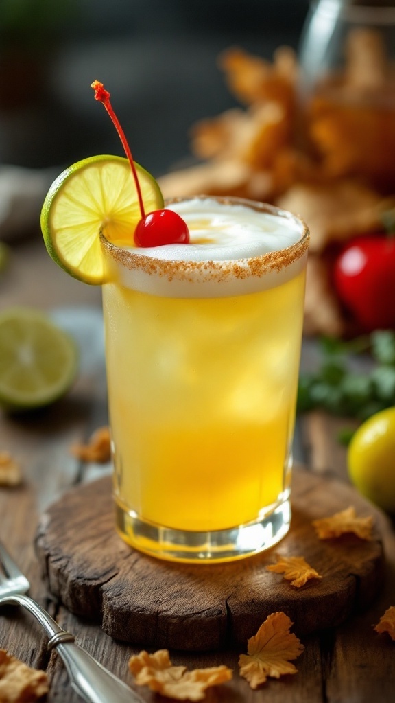 A close-up of a Tequila Sour cocktail garnished with lemon and cherry.