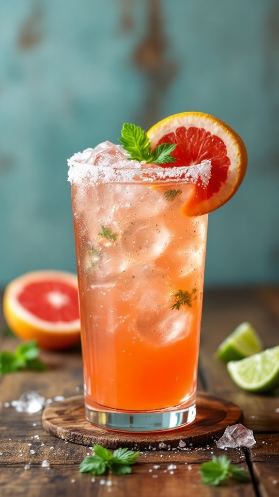 A refreshing Paloma cocktail with grapefruit and mint
