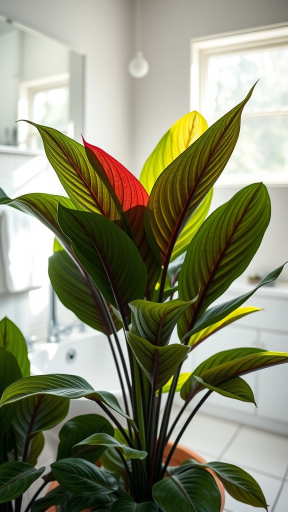 A vibrant Calathea plant with broad green and red leaves in a bathroom setting.