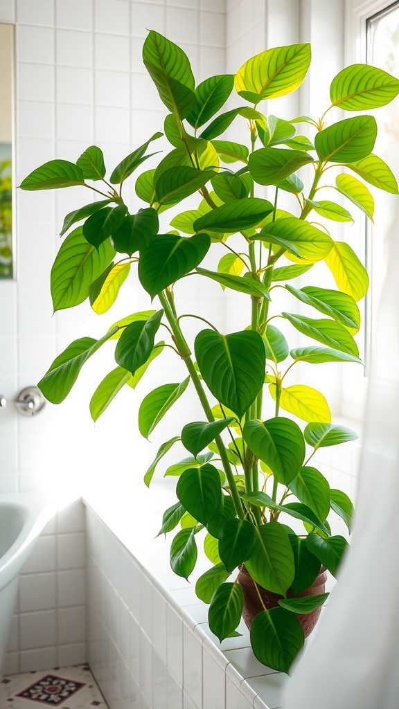 A vibrant Philodendron plant with large green leaves, placed by a window in a bright bathroom.