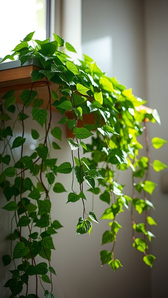 A lush Devil's Ivy plant with heart-shaped leaves cascading from a shelf in a well-lit bathroom.