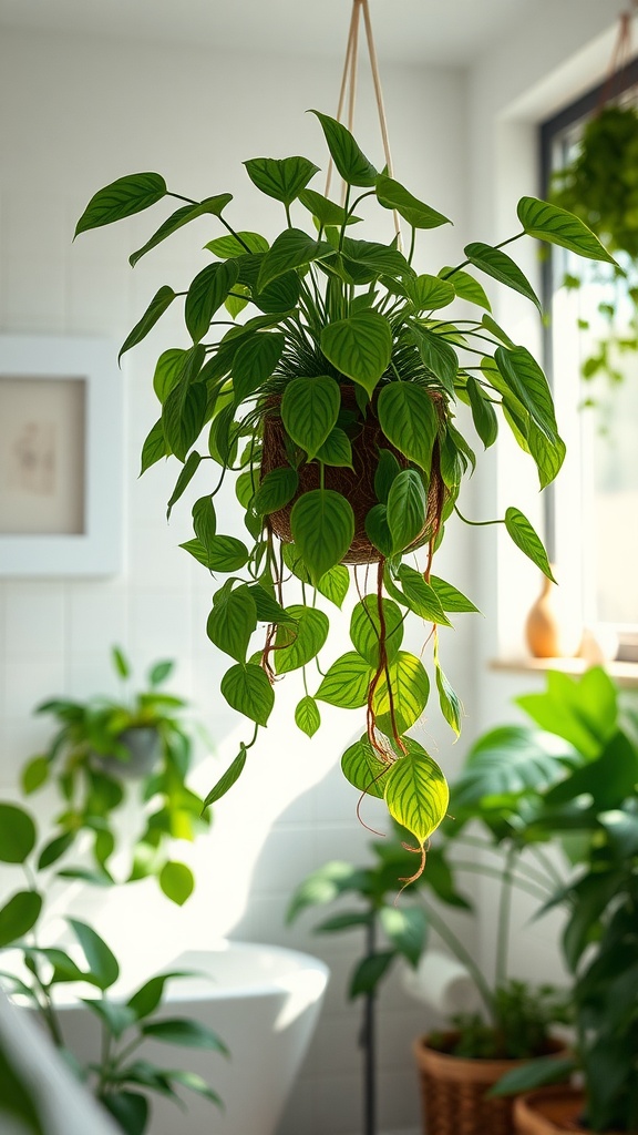A lush pothos plant hanging in a bright bathroom