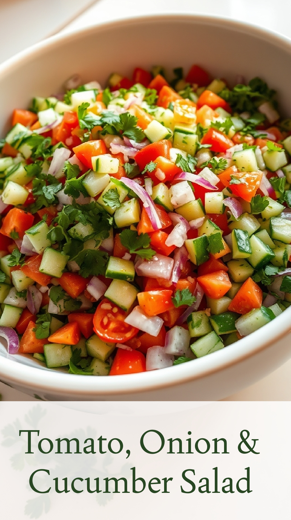 Easy Mediterranean Salad with onion, tomato, and cucumber
