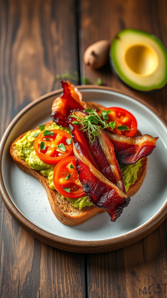 avocado toast with bacon and tomato