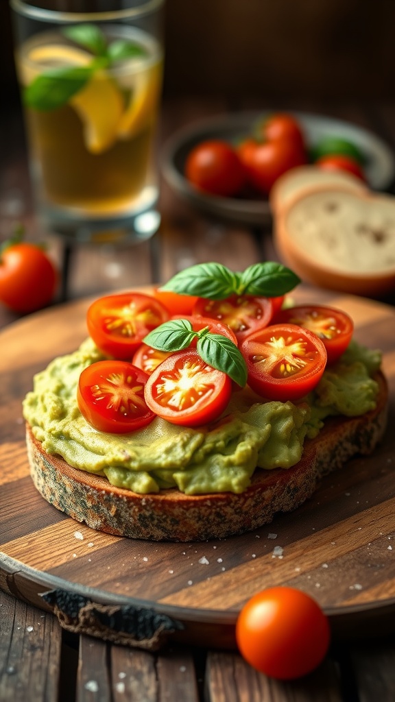 avocado toast with cherry tomatoes and basil
