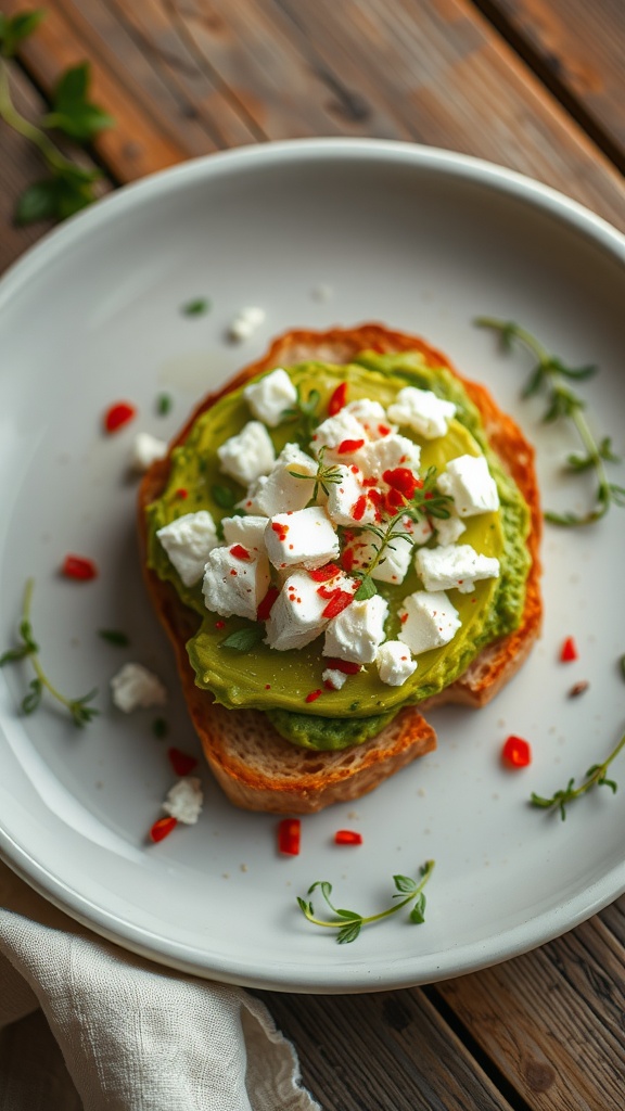 avocado toast with feta cheese and red pepper flakes