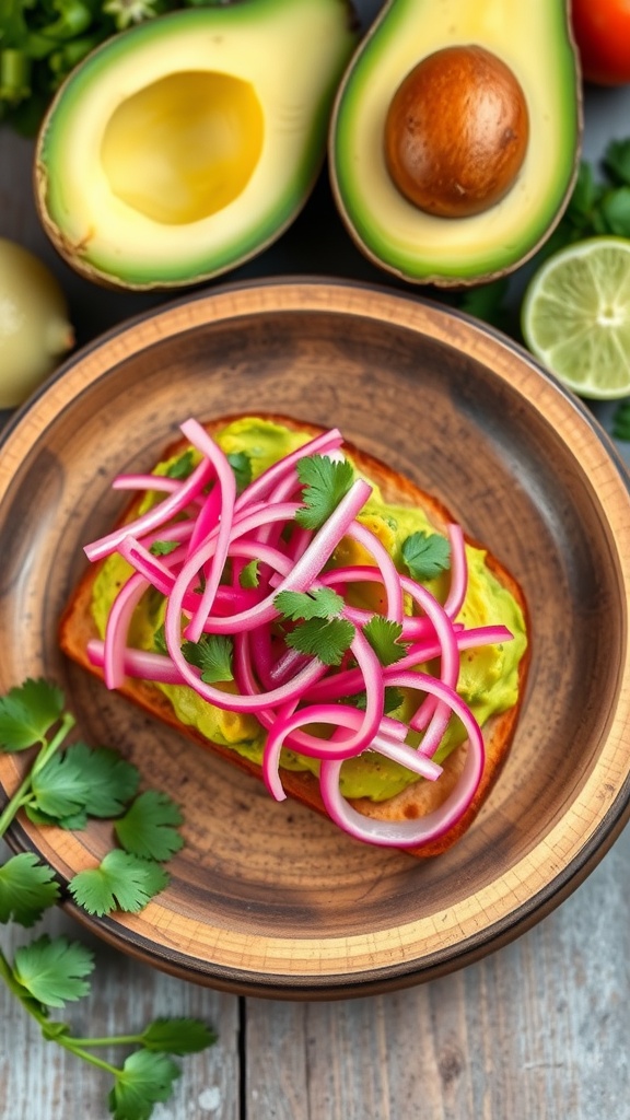 avocado toast with pickled onions and cilantro