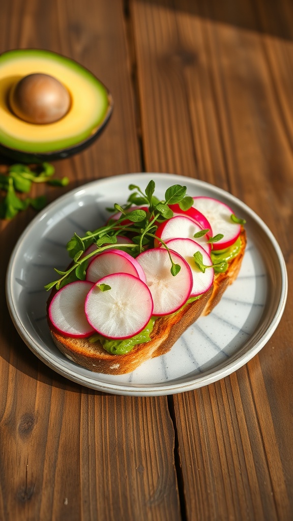 avocado toast with radish and microgreens