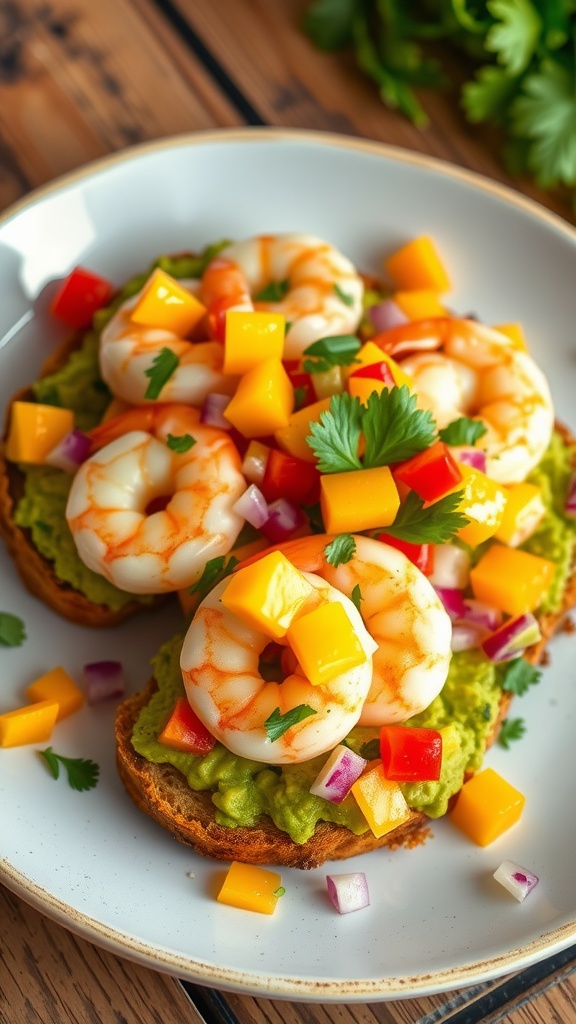 avocado toast with shrimp and mango salsa