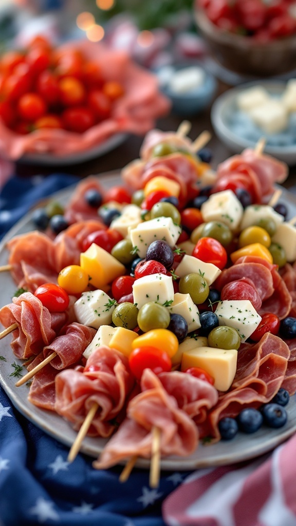 Antipasto Skewers With Olives, Cheese, And Salami