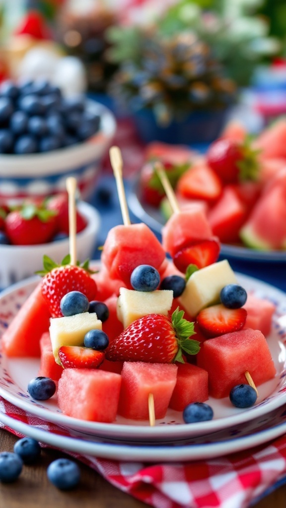 Fruit Skewers With Watermelon, Strawberries, And Blueberries